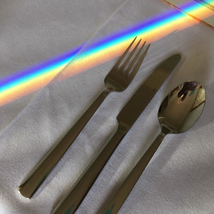 Rainbow on breakfast table at inn. Calling this one a good omen for friends' wedding this afternoon.