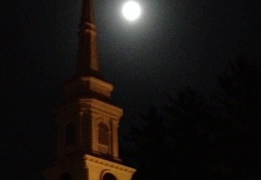 Moon (and Jupiter?) above United Church of South Royalton.